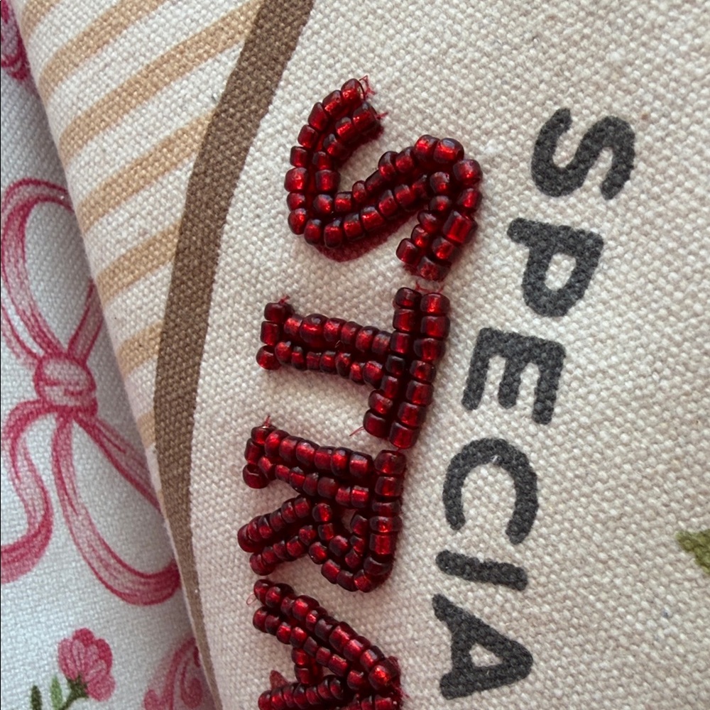 NWT-BEADED (one side) Striped Farmer's Market Tote Bag with Strawberry Design - Picture 5 of 14